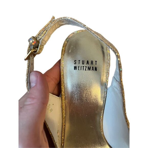 Stuart Weitzman Vevey Gold Glitter Platform Heels Slingback size 8.5 - Picture 14 of 14